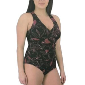 Eddie Bauer Black Pink Leaf Print V-Neck Ruched Shaping One Piece Swimsuit Sz M